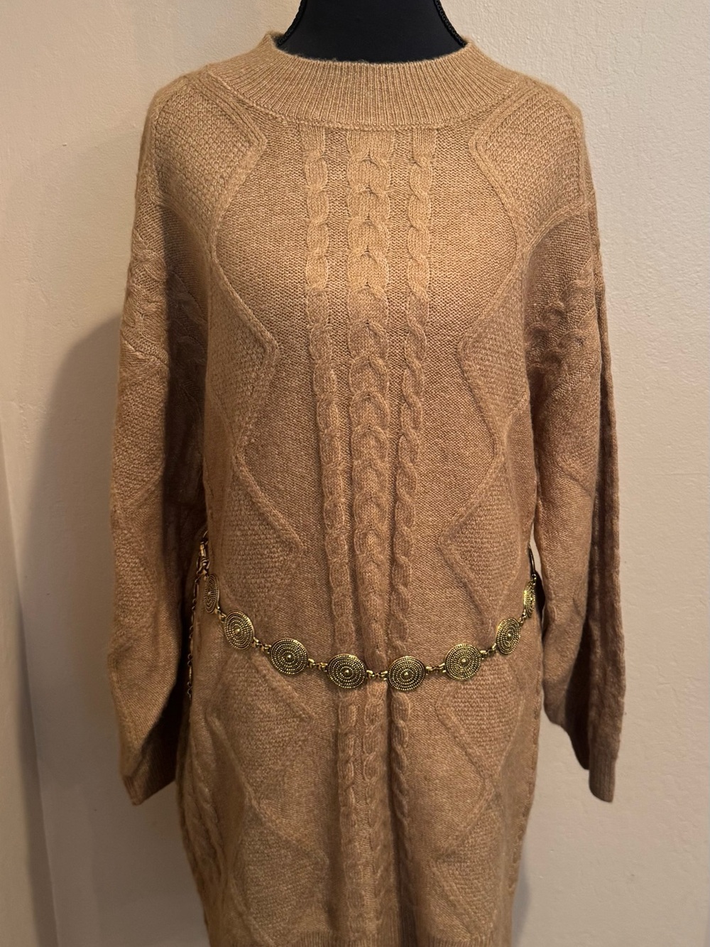 Francesca’s Cable-Knit Crewneck Sweater Dress in Camel, Soft Knit & Oversized